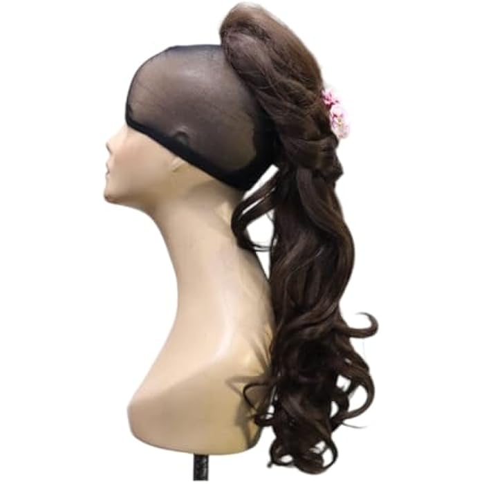 DILLARDS Synthetic Hair Wig with Braided Crown Design, Dark Brown Curly Long Style, Floral Accent, Headband Included - Image 4